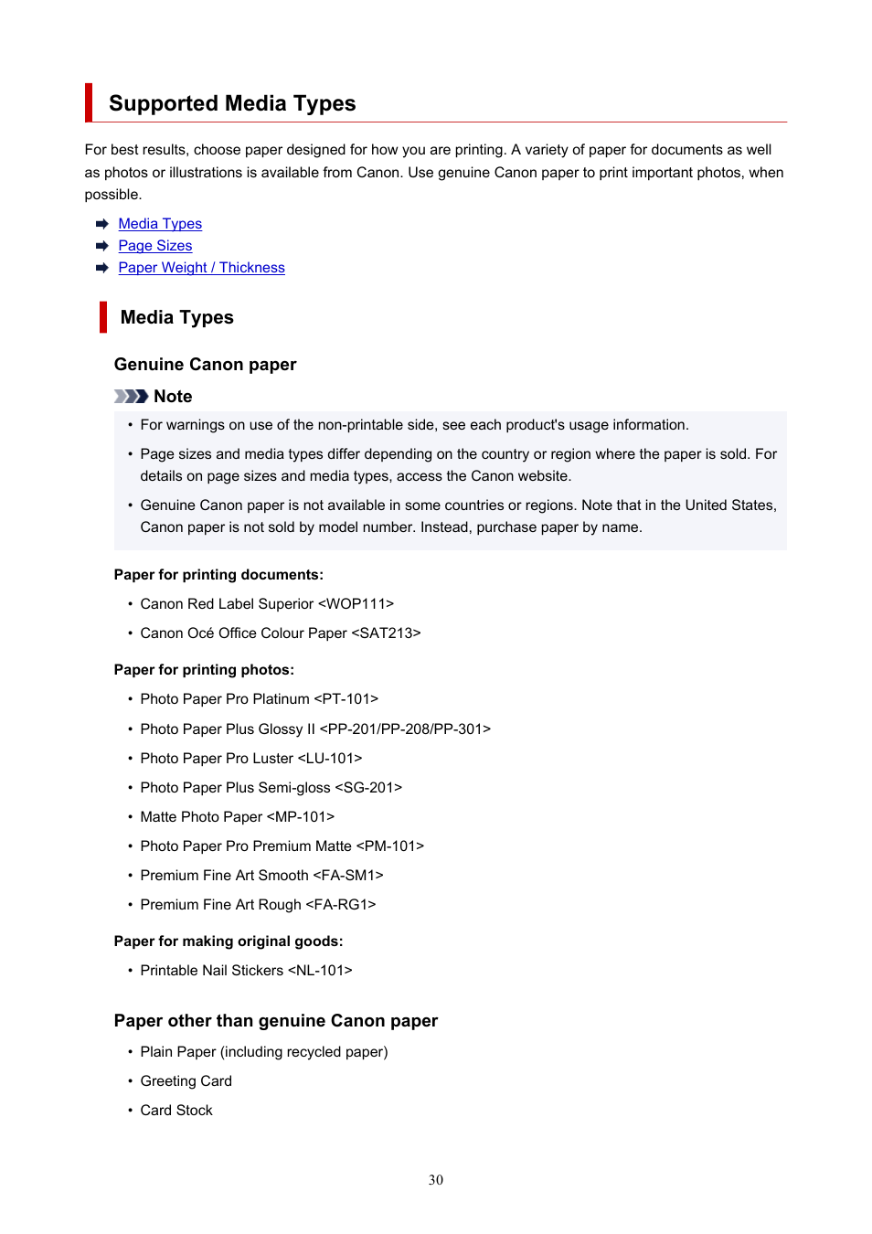 Supported media types | Canon imagePROGRAF PRO-300 13" Photographic Inkjet Printer User Manual | Page 30 / 650