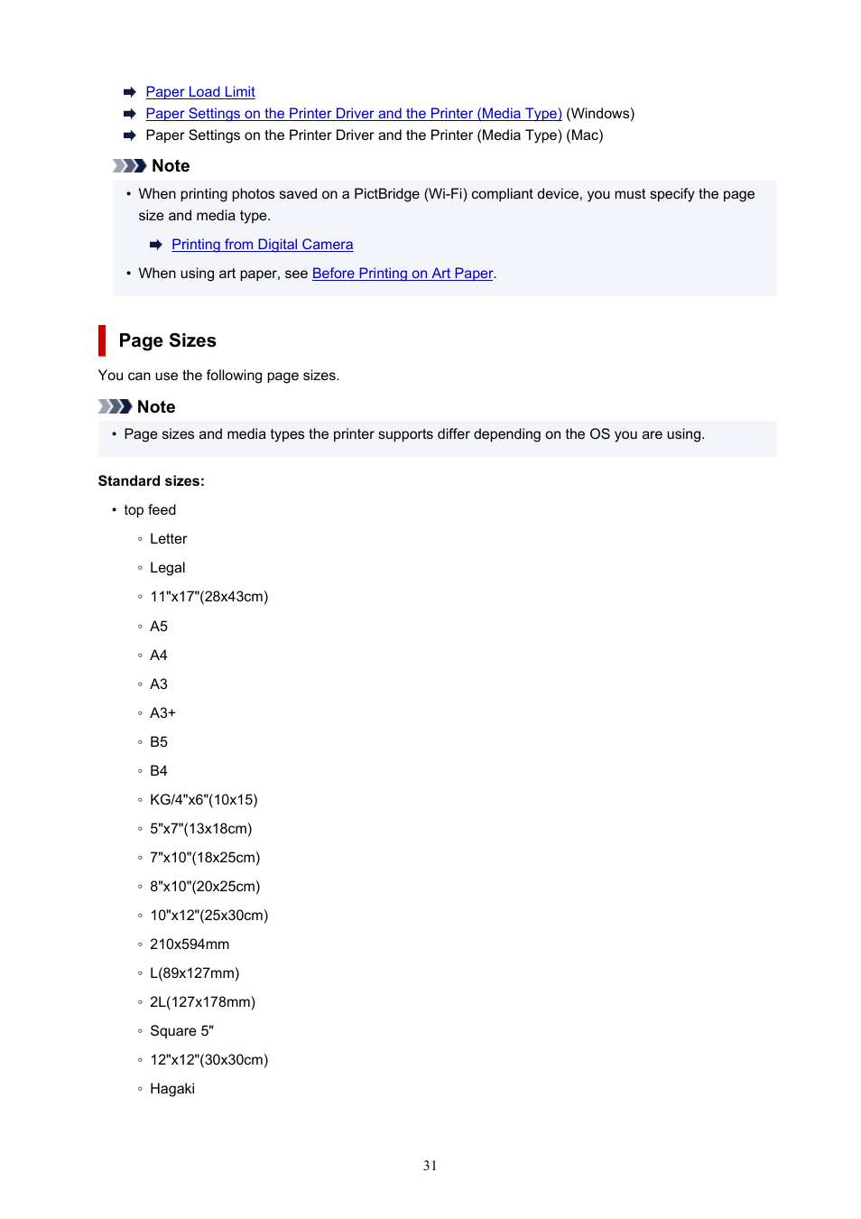 Page sizes | Canon imagePROGRAF PRO-300 13" Photographic Inkjet Printer User Manual | Page 31 / 650