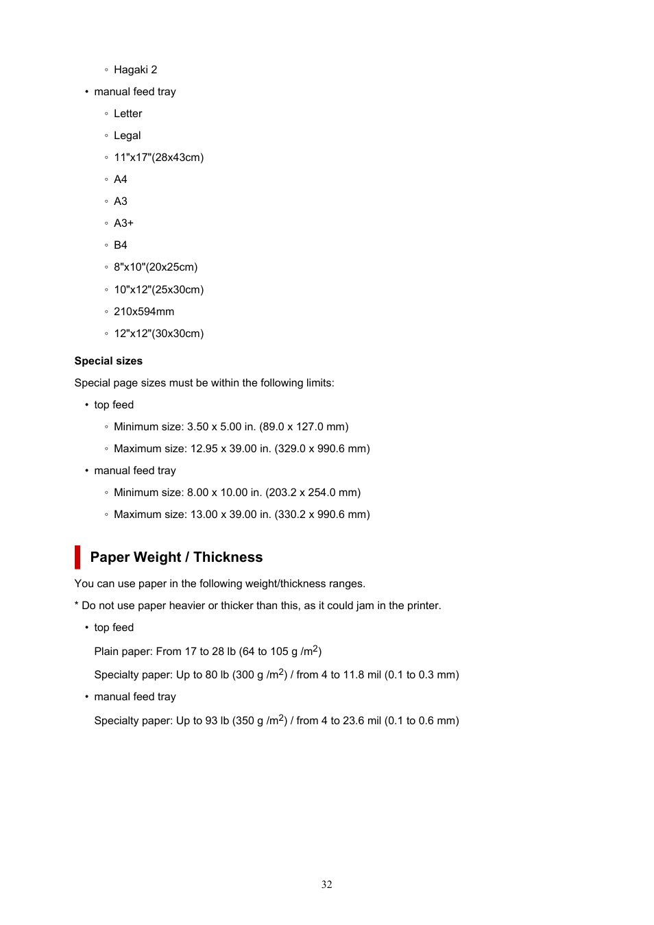 Paper weight / thickness | Canon imagePROGRAF PRO-300 13" Photographic Inkjet Printer User Manual | Page 32 / 650