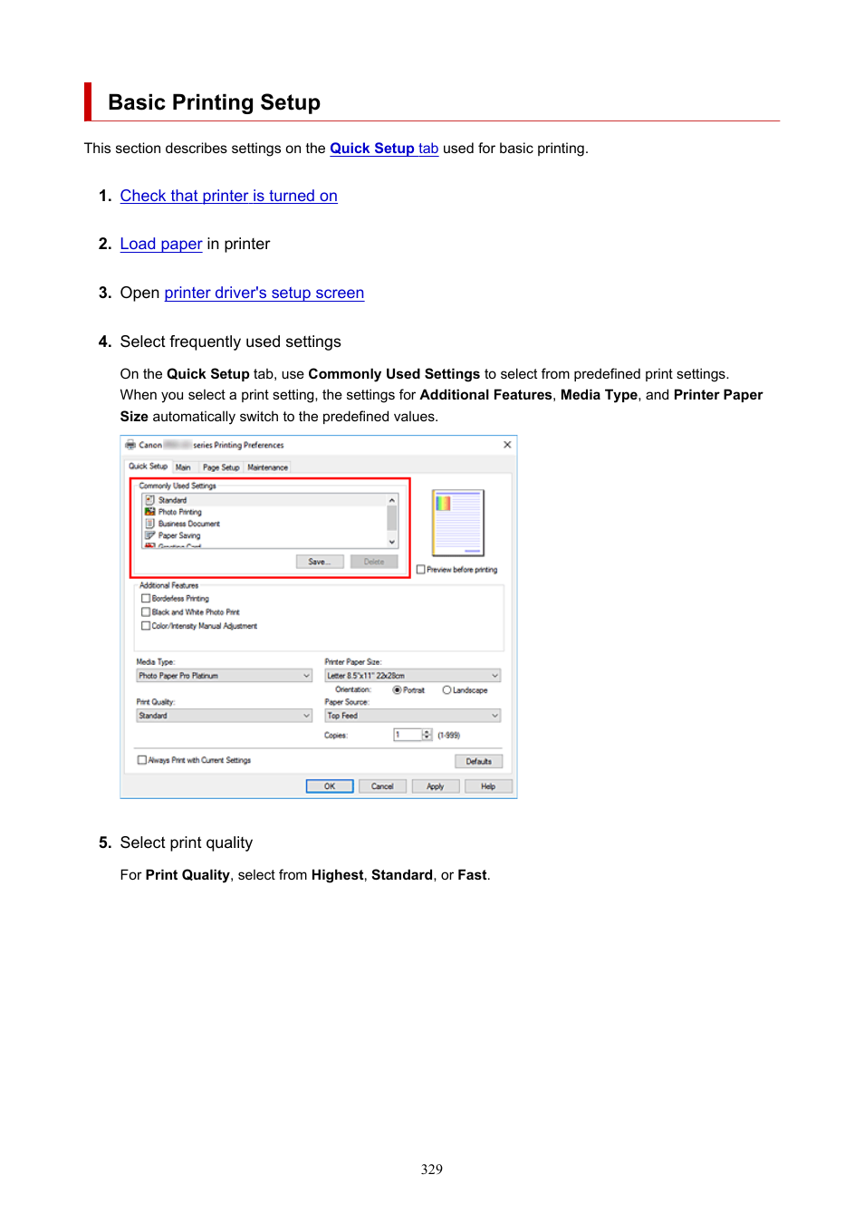 Basic printing setup | Canon imagePROGRAF PRO-300 13" Photographic Inkjet Printer User Manual | Page 329 / 650