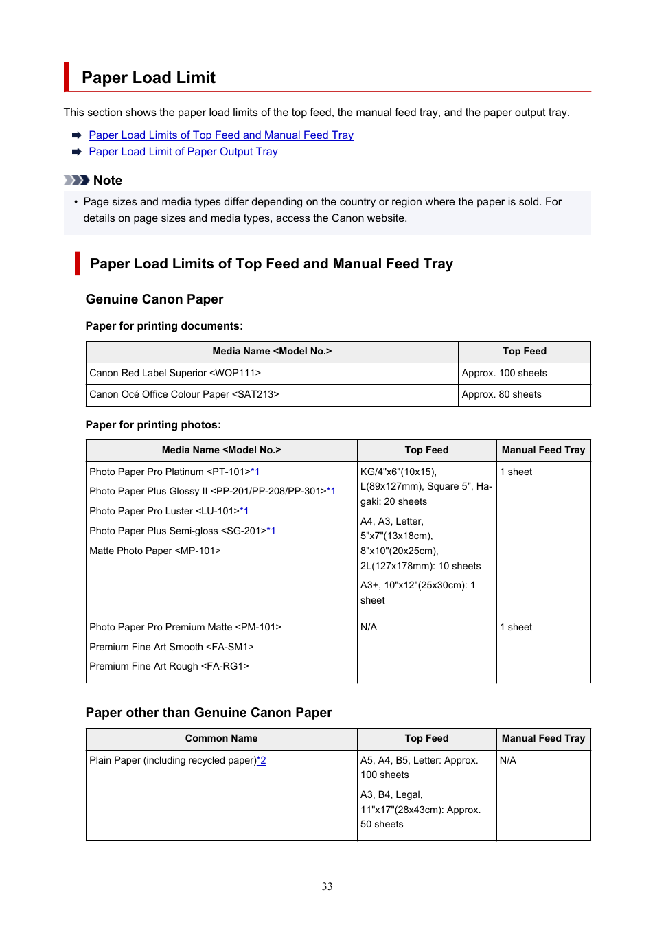 Paper load limit, Paper load limits of top feed and manual feed tray, Genuine canon paper | Paper other than genuine canon paper | Canon imagePROGRAF PRO-300 13" Photographic Inkjet Printer User Manual | Page 33 / 650