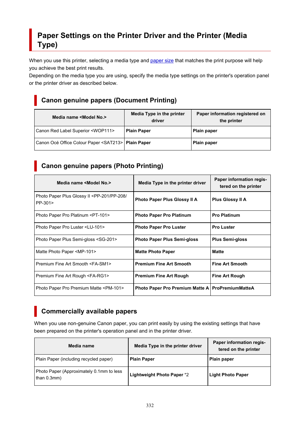 Windows), Canon genuine papers (document printing), Canon genuine papers (photo printing) | Commercially available papers | Canon imagePROGRAF PRO-300 13" Photographic Inkjet Printer User Manual | Page 332 / 650