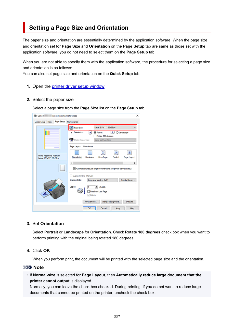 Setting a page size and orientation | Canon imagePROGRAF PRO-300 13" Photographic Inkjet Printer User Manual | Page 337 / 650