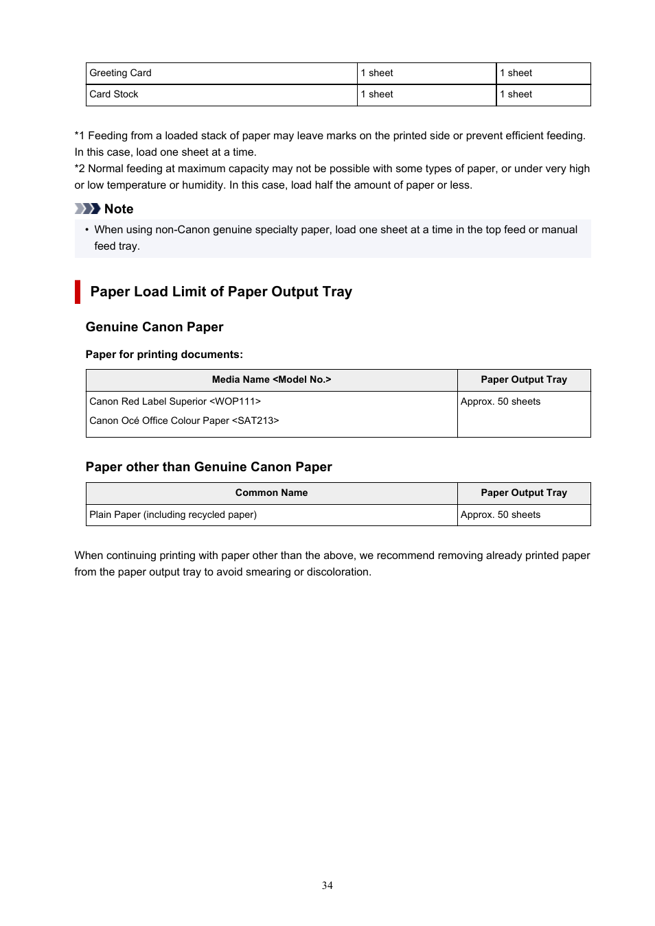 Paper load limit of paper output tray, Pt-101, Sg-201 | Genuine canon paper, Paper other than genuine canon paper | Canon imagePROGRAF PRO-300 13" Photographic Inkjet Printer User Manual | Page 34 / 650