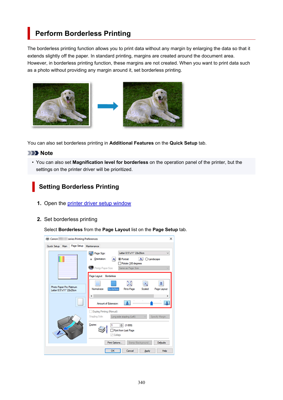 Perform borderless printing, Setting borderless printing | Canon imagePROGRAF PRO-300 13" Photographic Inkjet Printer User Manual | Page 340 / 650