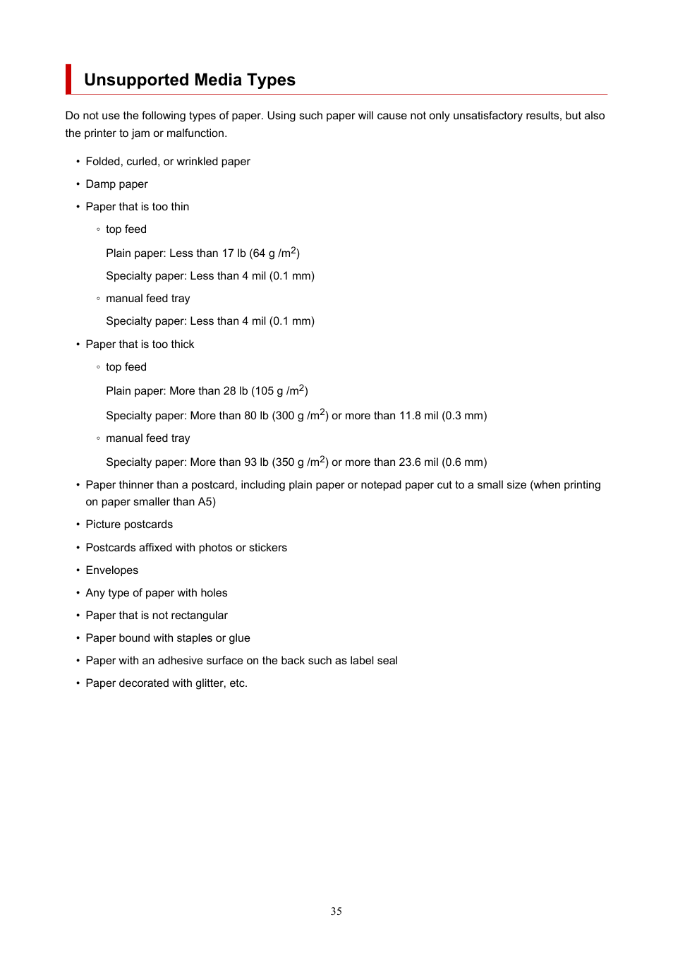 Unsupported media types | Canon imagePROGRAF PRO-300 13" Photographic Inkjet Printer User Manual | Page 35 / 650