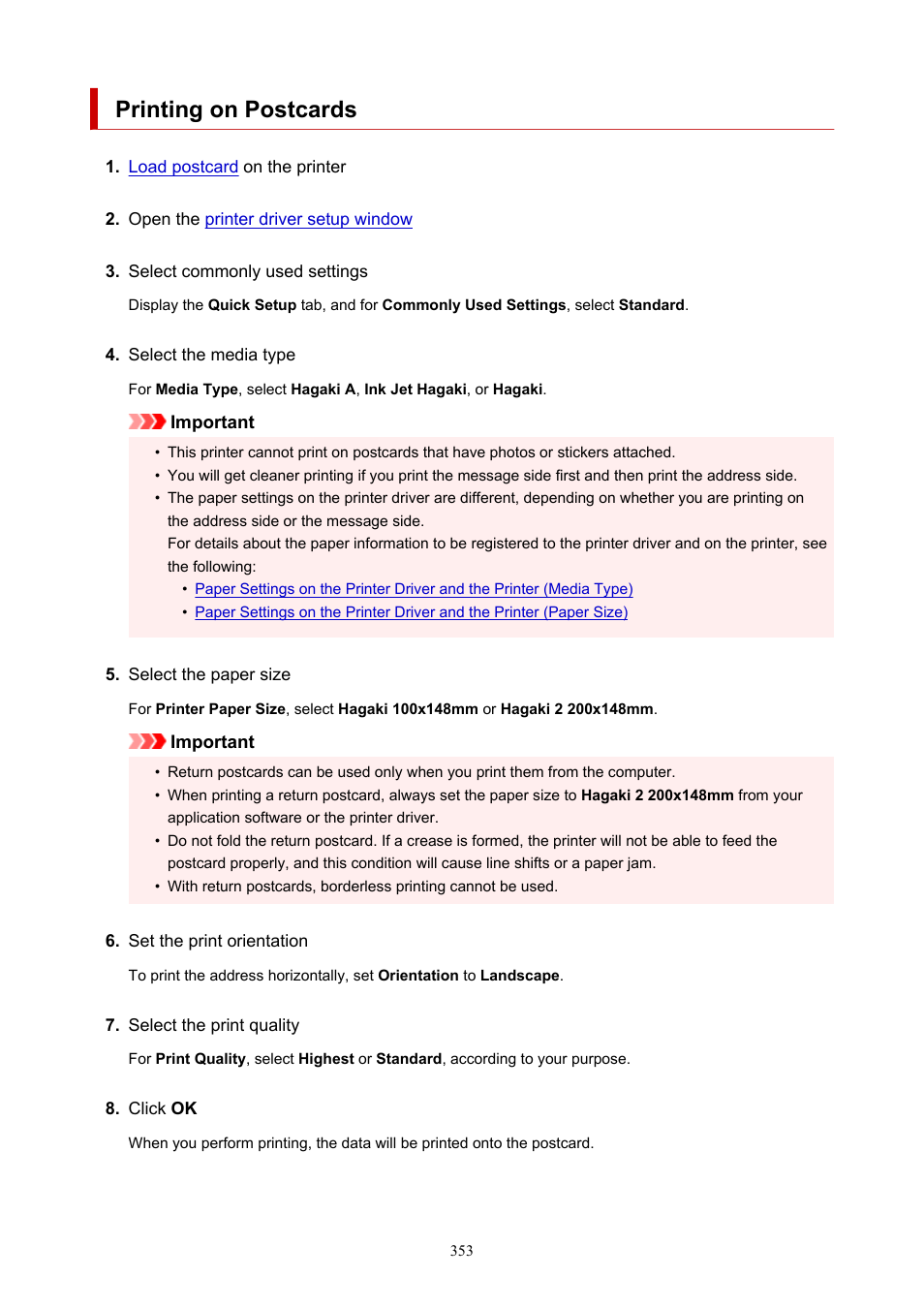 Printing on postcards | Canon imagePROGRAF PRO-300 13" Photographic Inkjet Printer User Manual | Page 353 / 650