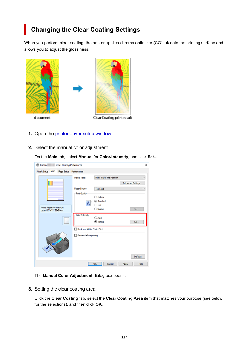 Changing the clear coating settings | Canon imagePROGRAF PRO-300 13" Photographic Inkjet Printer User Manual | Page 355 / 650