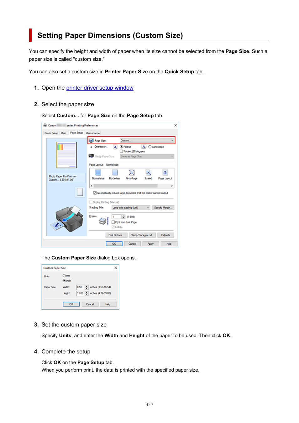 Setting paper dimensions (custom size) | Canon imagePROGRAF PRO-300 13" Photographic Inkjet Printer User Manual | Page 357 / 650