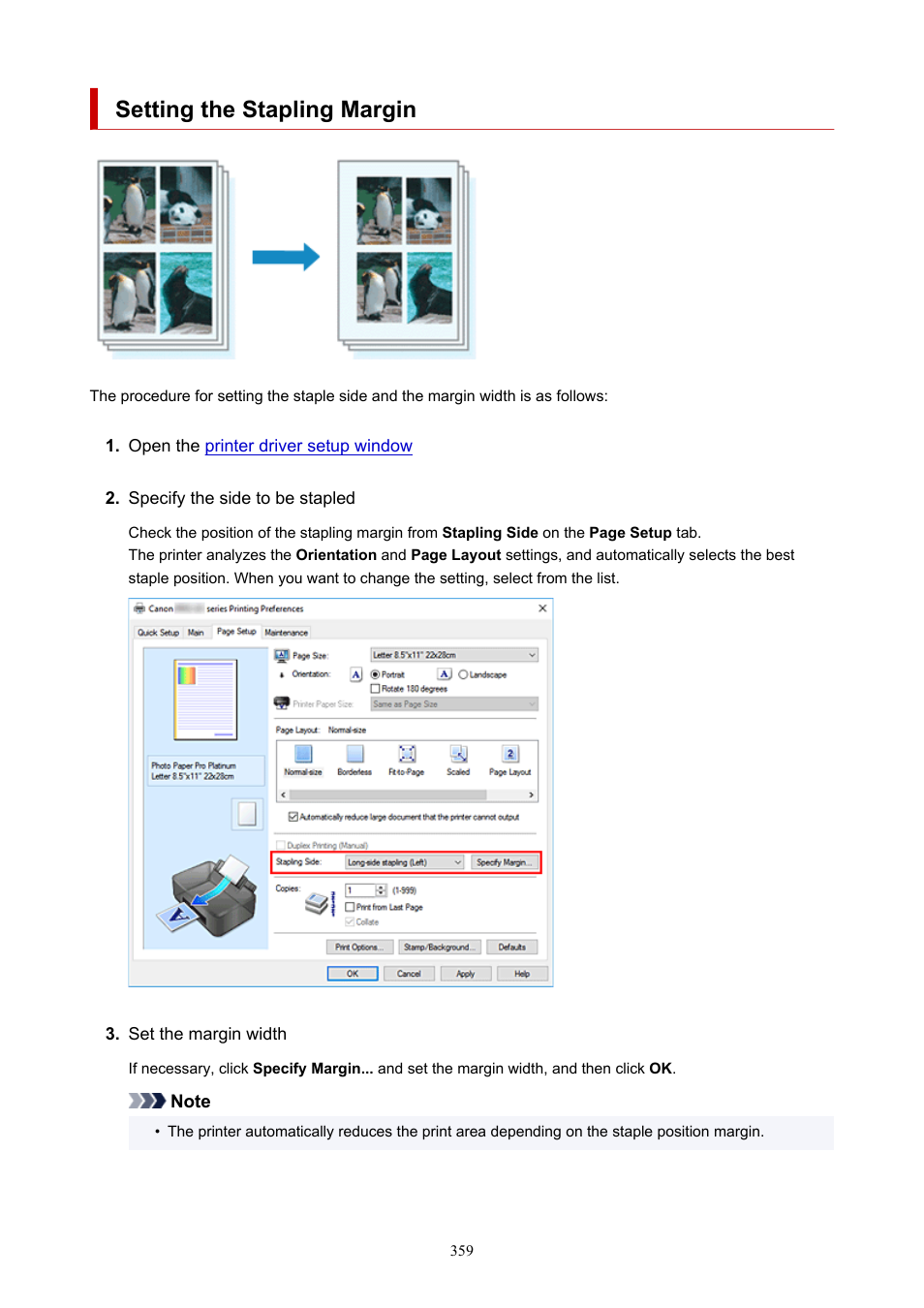 Setting the stapling margin | Canon imagePROGRAF PRO-300 13" Photographic Inkjet Printer User Manual | Page 359 / 650