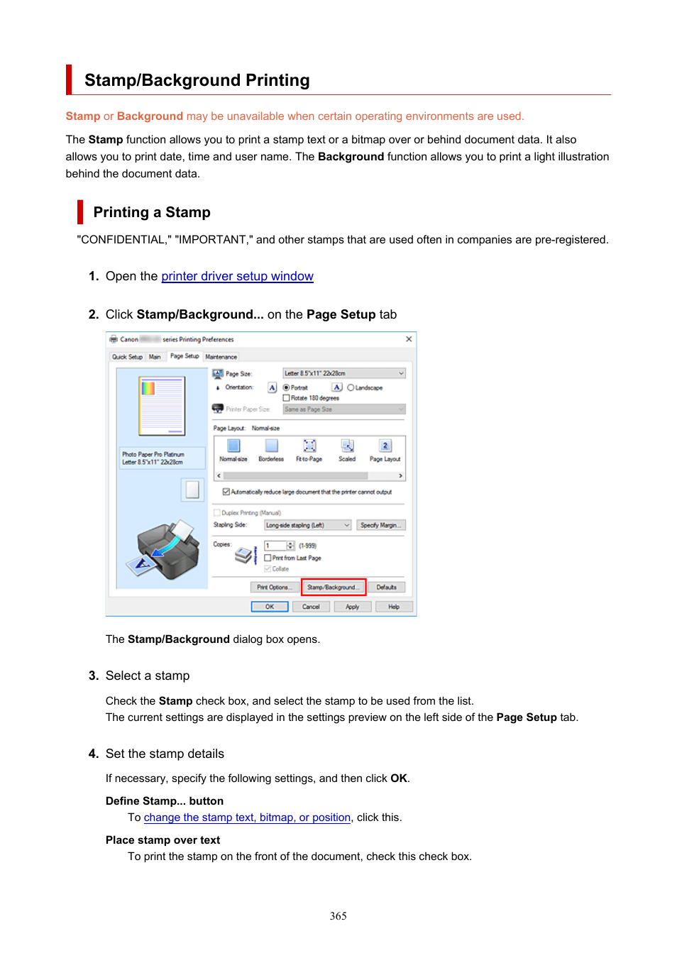 Stamp/background printing, Printing a stamp | Canon imagePROGRAF PRO-300 13" Photographic Inkjet Printer User Manual | Page 365 / 650