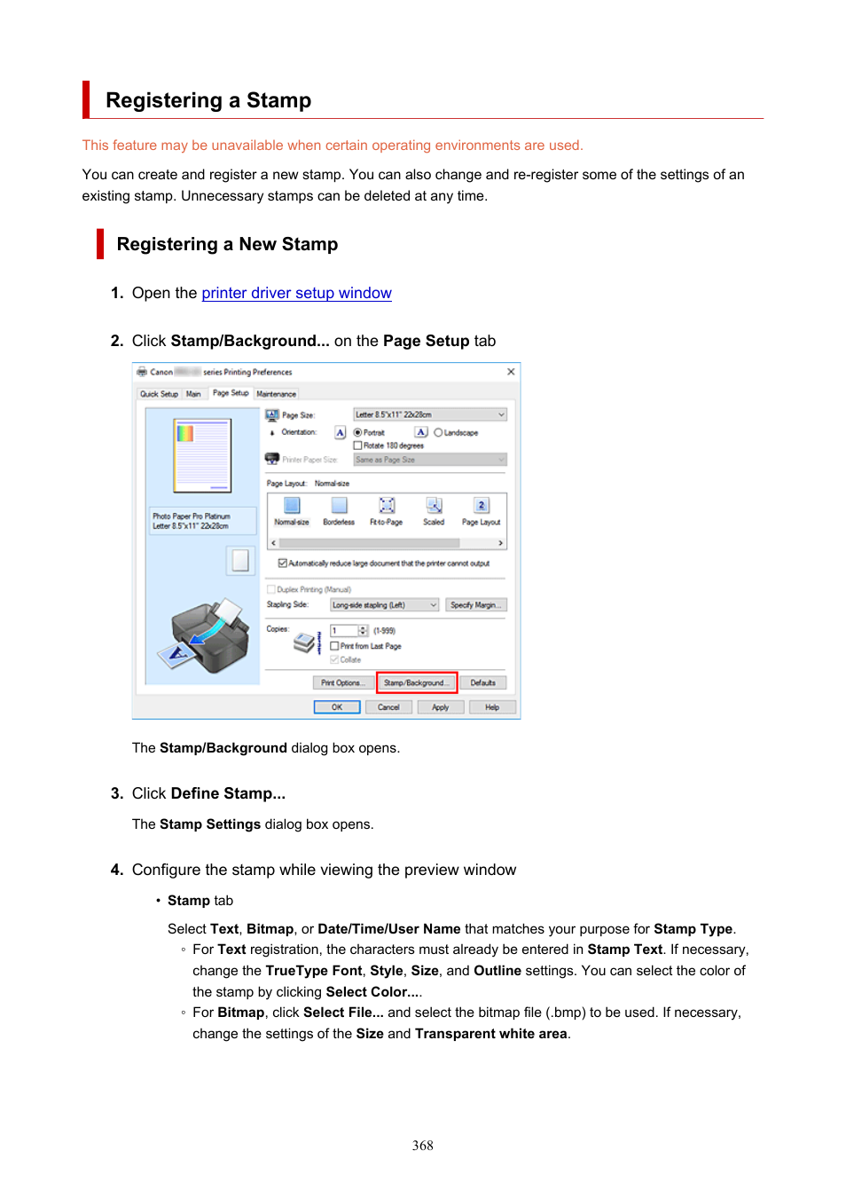 Registering a stamp, Registering a new stamp | Canon imagePROGRAF PRO-300 13" Photographic Inkjet Printer User Manual | Page 368 / 650