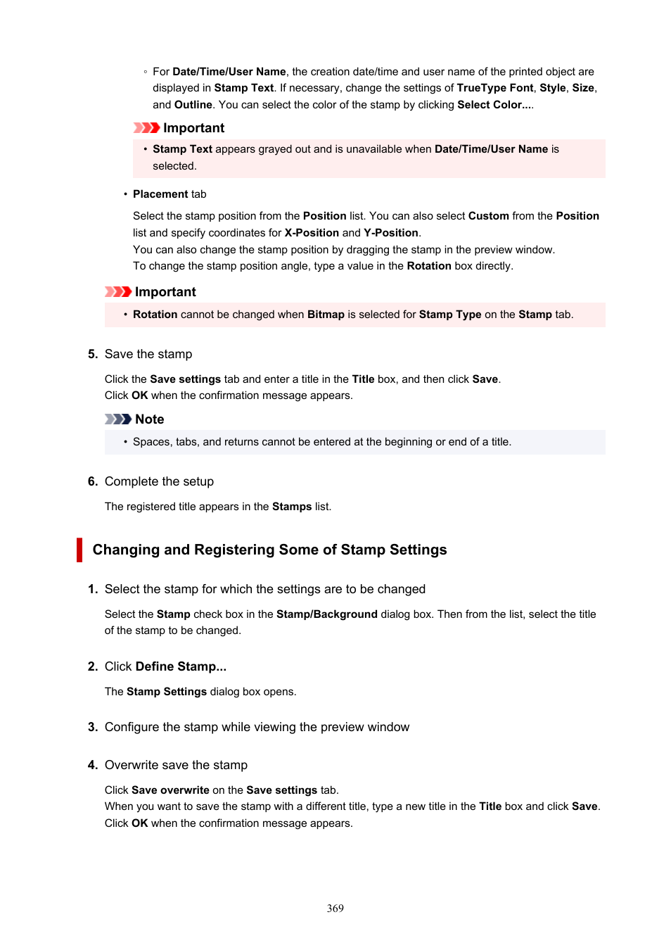 Changing and registering some of stamp settings | Canon imagePROGRAF PRO-300 13" Photographic Inkjet Printer User Manual | Page 369 / 650