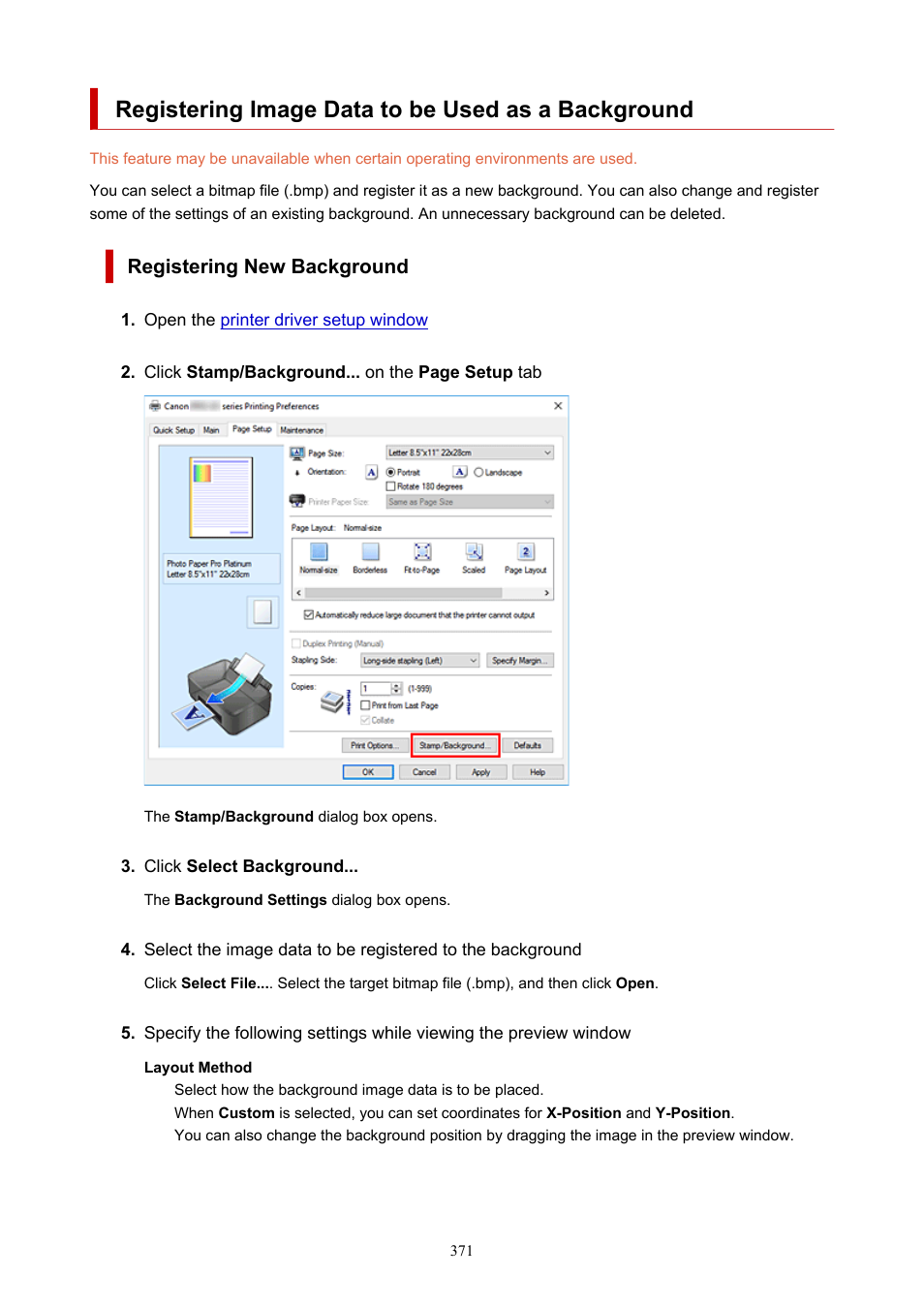 Registering image data to be used as a background, Registering new background | Canon imagePROGRAF PRO-300 13" Photographic Inkjet Printer User Manual | Page 371 / 650