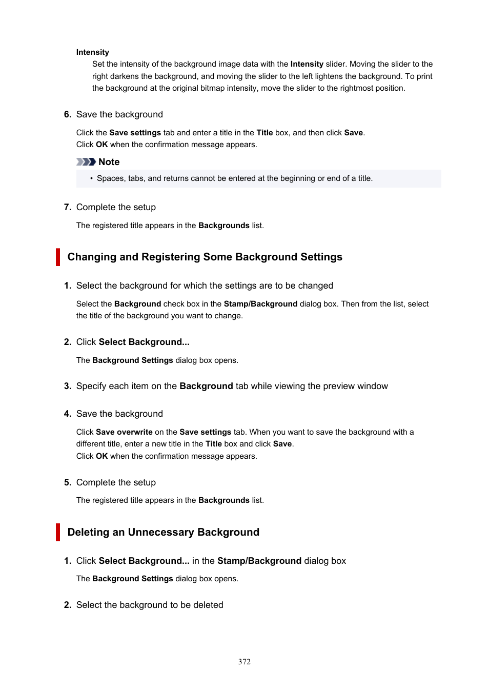 Changing and registering some background settings, Deleting an unnecessary background | Canon imagePROGRAF PRO-300 13" Photographic Inkjet Printer User Manual | Page 372 / 650