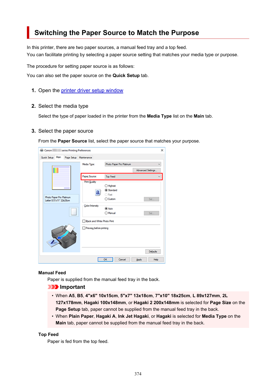 Switching the paper source to match the purpose | Canon imagePROGRAF PRO-300 13" Photographic Inkjet Printer User Manual | Page 374 / 650