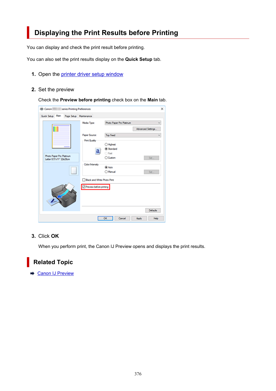 Displaying the print results before printing | Canon imagePROGRAF PRO-300 13" Photographic Inkjet Printer User Manual | Page 376 / 650