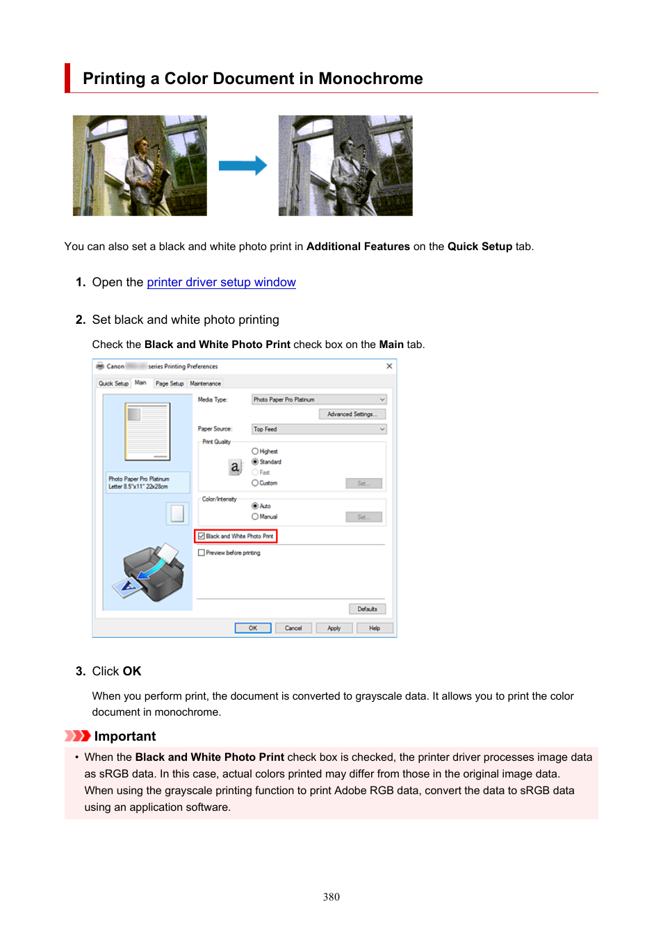 Printing a color document in monochrome | Canon imagePROGRAF PRO-300 13" Photographic Inkjet Printer User Manual | Page 380 / 650