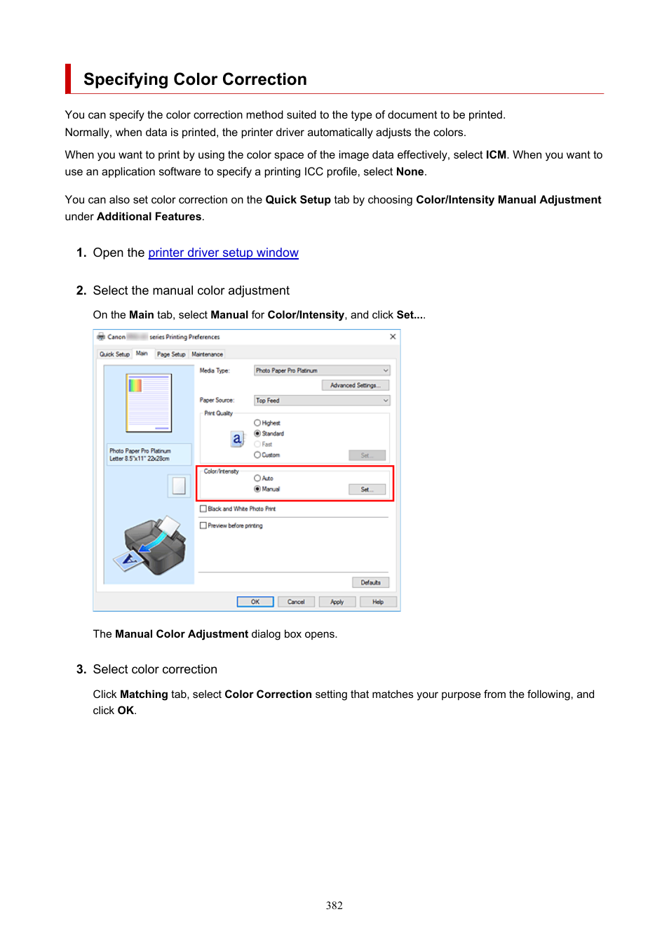 Specifying color correction | Canon imagePROGRAF PRO-300 13" Photographic Inkjet Printer User Manual | Page 382 / 650