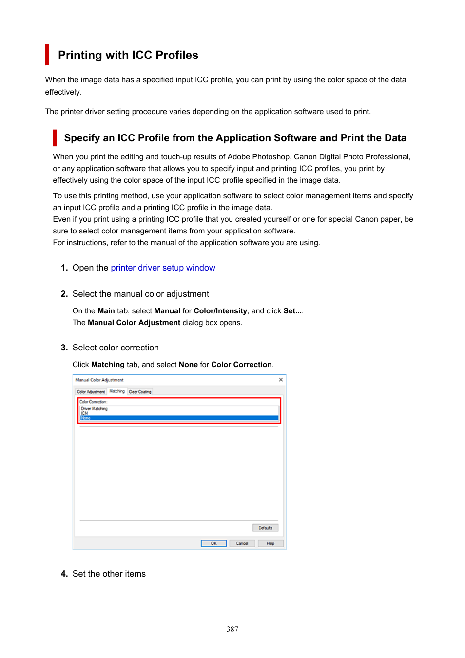 Printing with icc profiles | Canon imagePROGRAF PRO-300 13" Photographic Inkjet Printer User Manual | Page 387 / 650