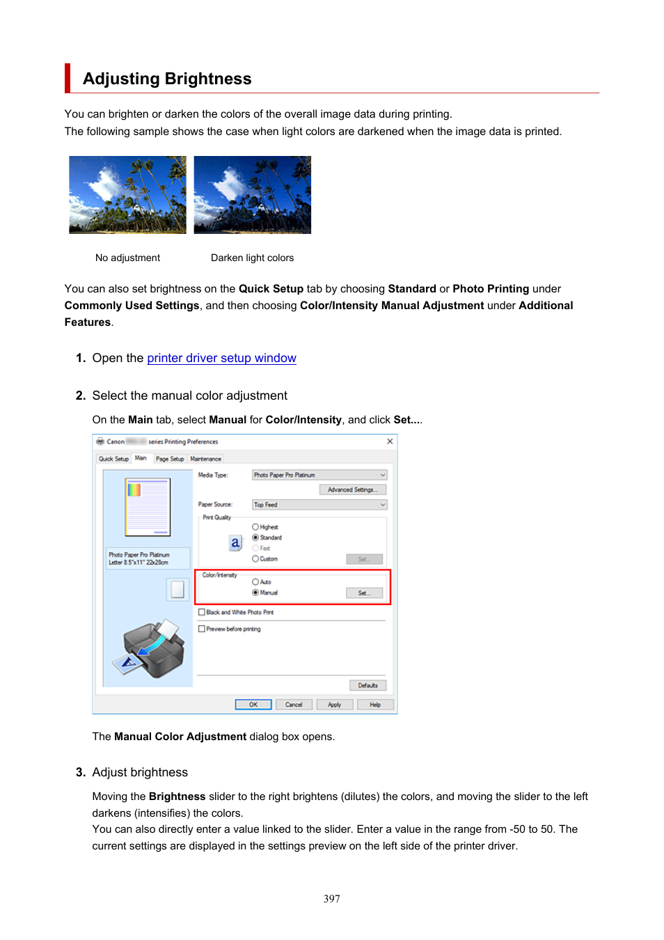 Adjusting brightness | Canon imagePROGRAF PRO-300 13" Photographic Inkjet Printer User Manual | Page 397 / 650