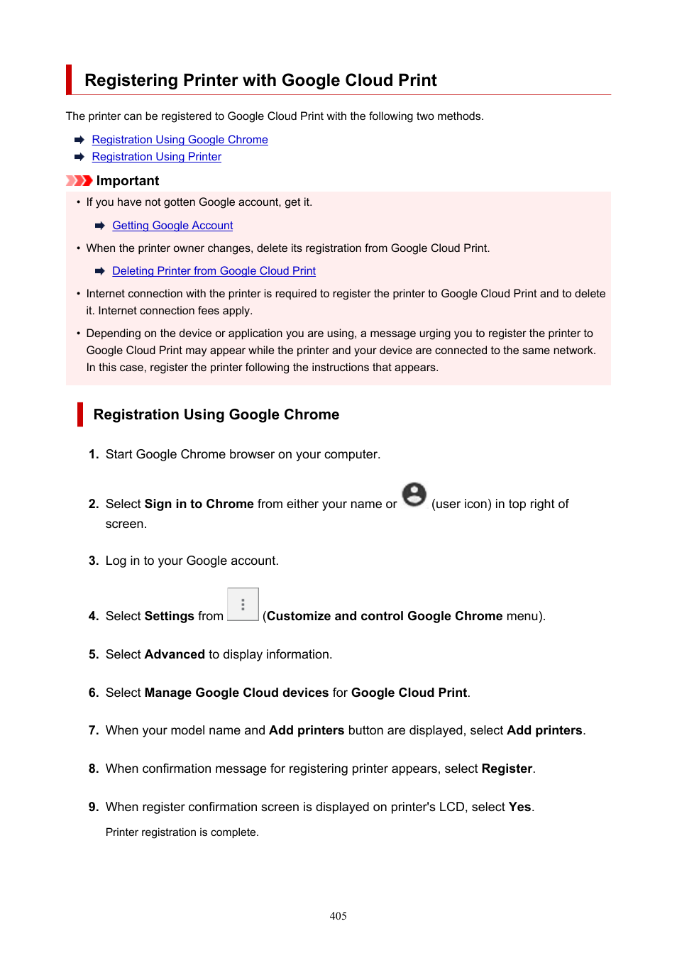 Registering printer with google cloud print | Canon imagePROGRAF PRO-300 13" Photographic Inkjet Printer User Manual | Page 405 / 650