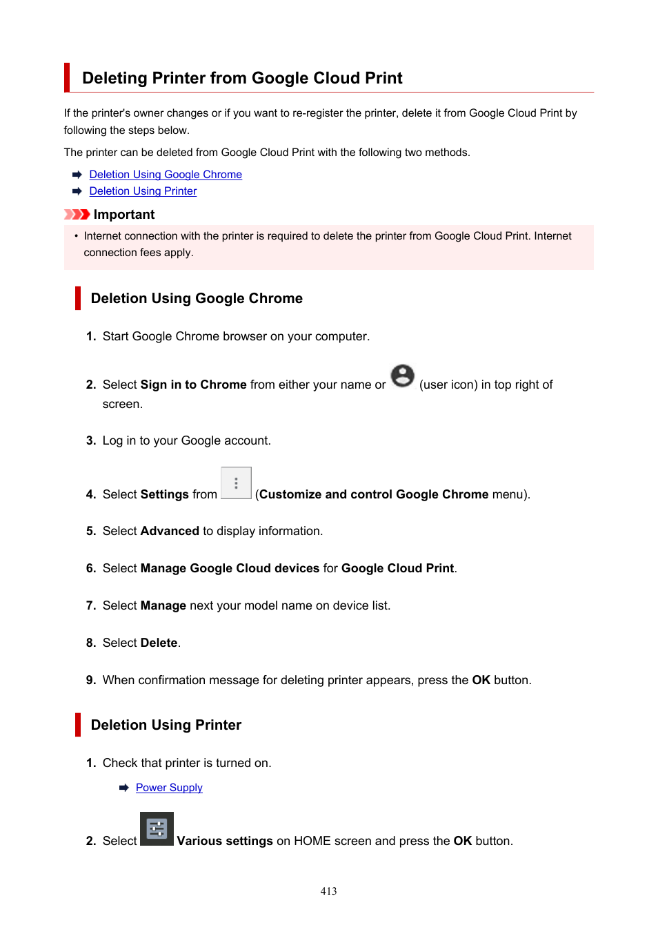 Deleting printer from google cloud print | Canon imagePROGRAF PRO-300 13" Photographic Inkjet Printer User Manual | Page 413 / 650