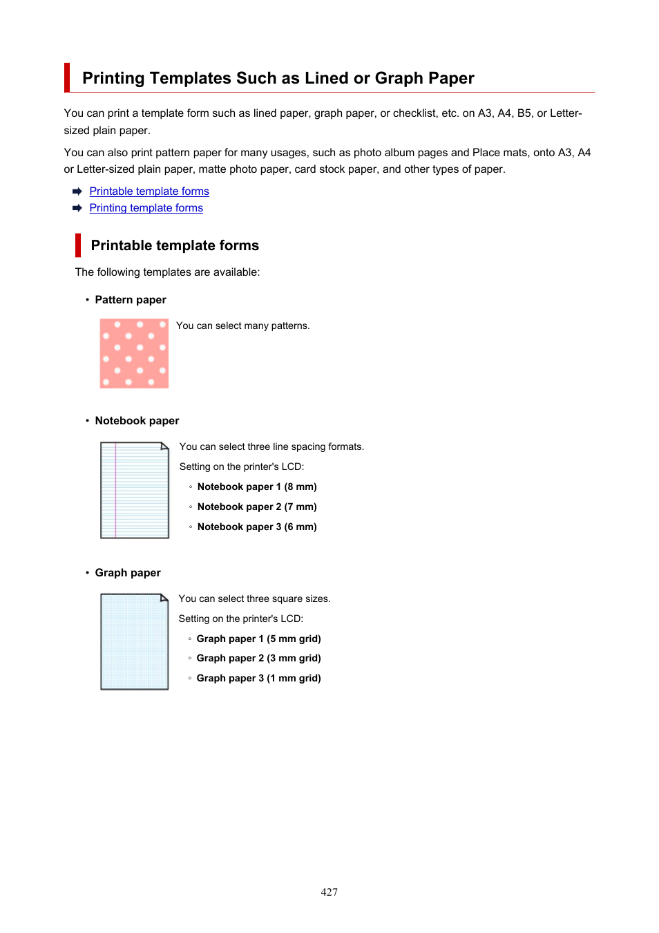 Printing templates such as lined or graph paper, Printable template forms | Canon imagePROGRAF PRO-300 13" Photographic Inkjet Printer User Manual | Page 427 / 650