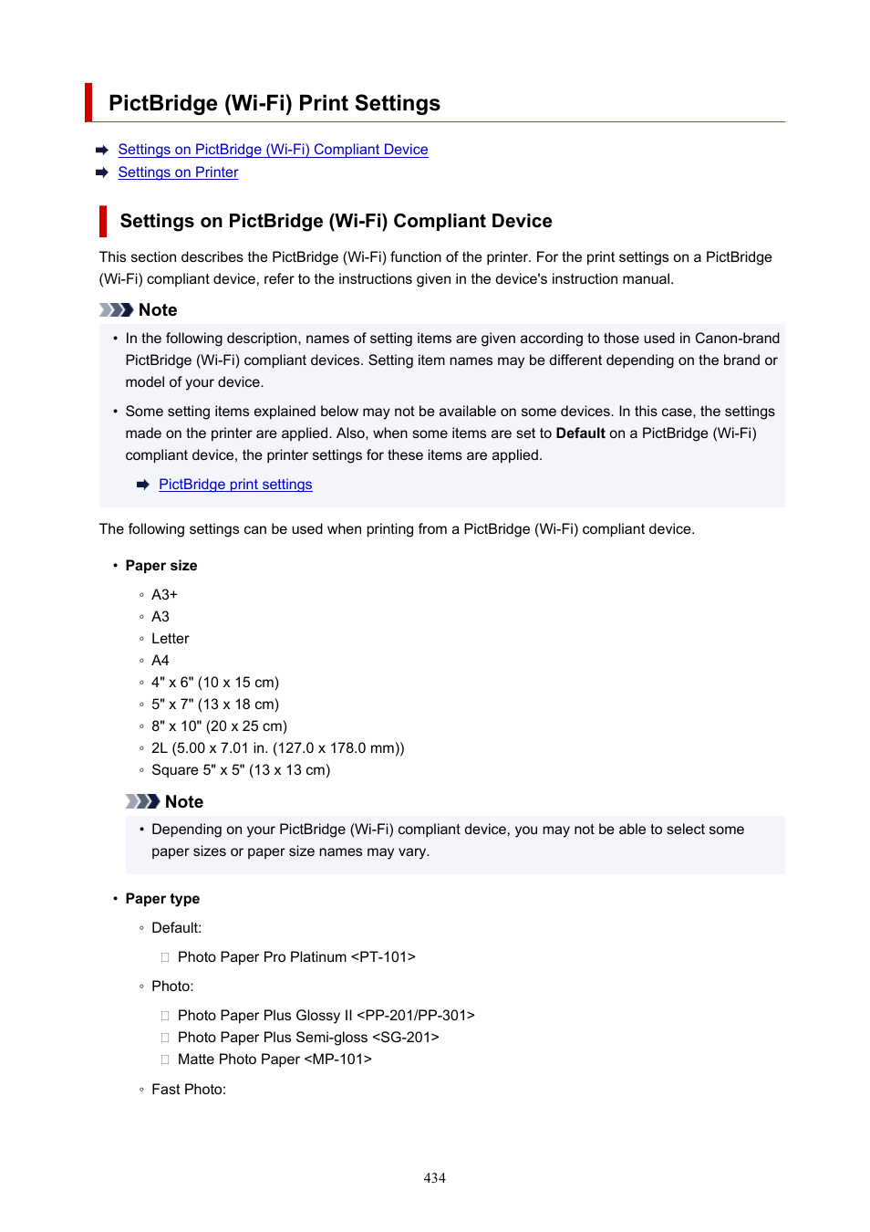 Pictbridge (wi-fi) print settings | Canon imagePROGRAF PRO-300 13" Photographic Inkjet Printer User Manual | Page 434 / 650