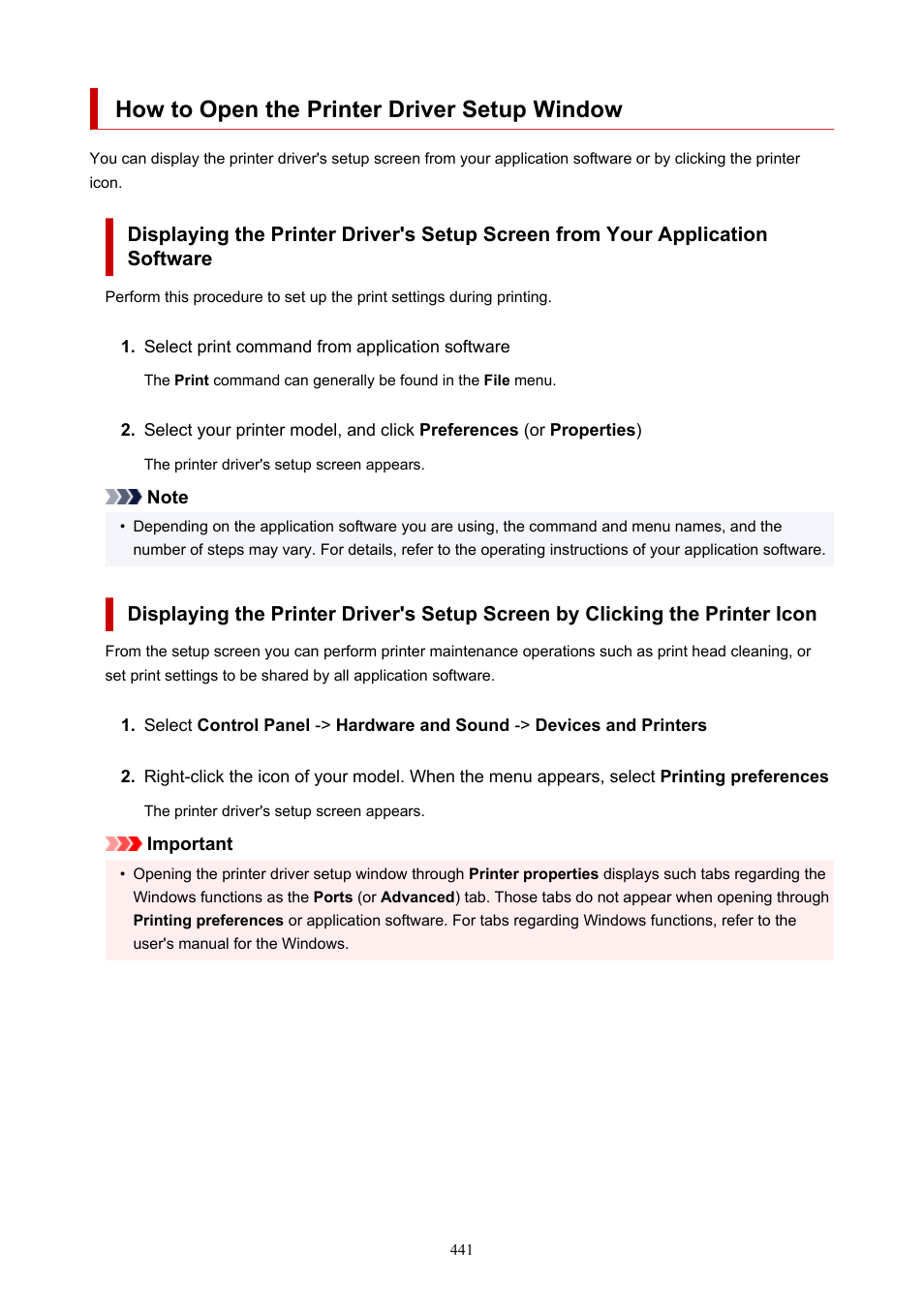 How to open the printer driver setup window, Printer driver's setup screen, Printer driver setup window | Canon imagePROGRAF PRO-300 13