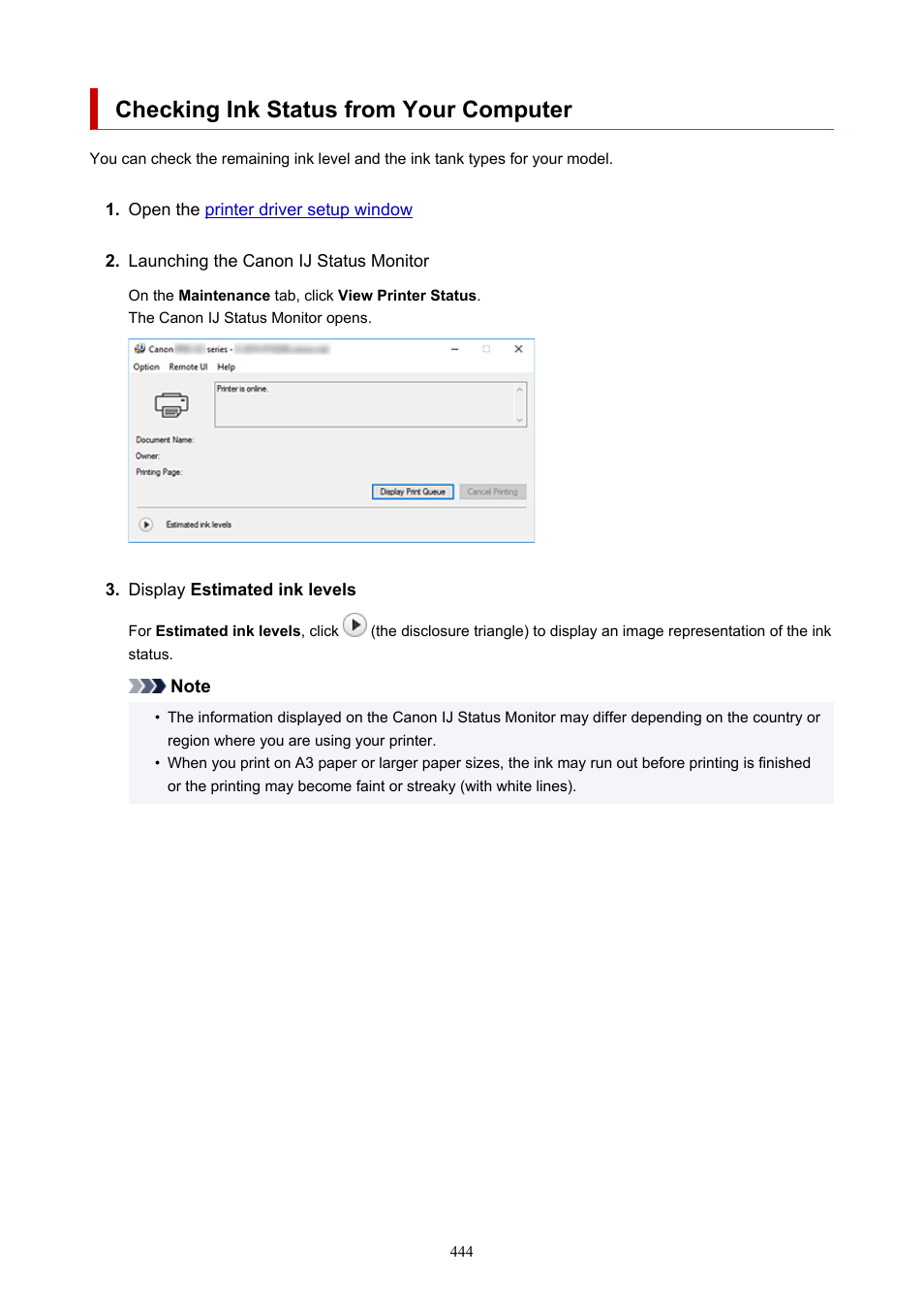 Checking ink status from your computer, Check the amount of ink | Canon imagePROGRAF PRO-300 13" Photographic Inkjet Printer User Manual | Page 444 / 650