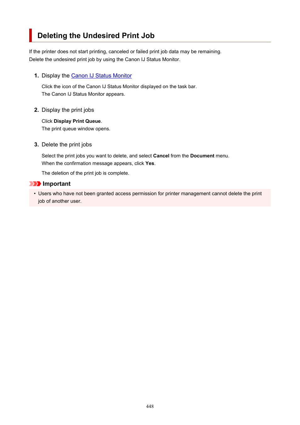 Deleting the undesired print job | Canon imagePROGRAF PRO-300 13" Photographic Inkjet Printer User Manual | Page 448 / 650