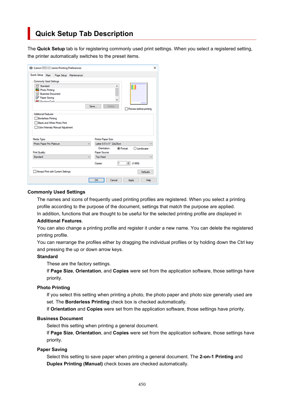 Quick setup tab description, This section describes settings on the, Quick setup | Used for basic printing | Canon imagePROGRAF PRO-300 13" Photographic Inkjet Printer User Manual | Page 450 / 650