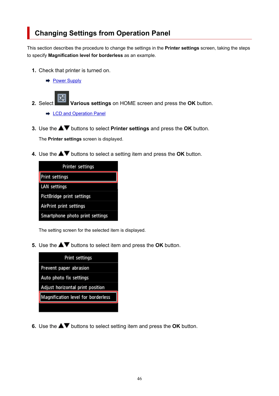 Changing settings from operation panel | Canon imagePROGRAF PRO-300 13" Photographic Inkjet Printer User Manual | Page 46 / 650