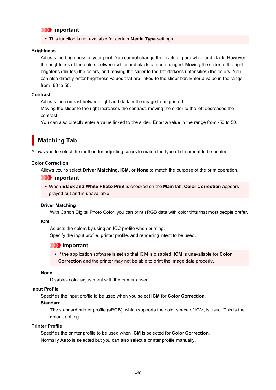 Matching, Matching tab | Canon imagePROGRAF PRO-300 13" Photographic Inkjet Printer User Manual | Page 460 / 650