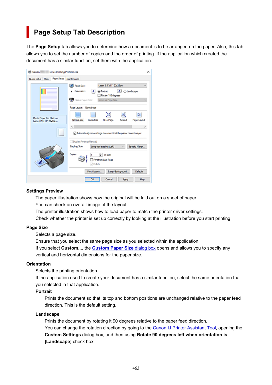 Page setup tab description | Canon imagePROGRAF PRO-300 13" Photographic Inkjet Printer User Manual | Page 463 / 650