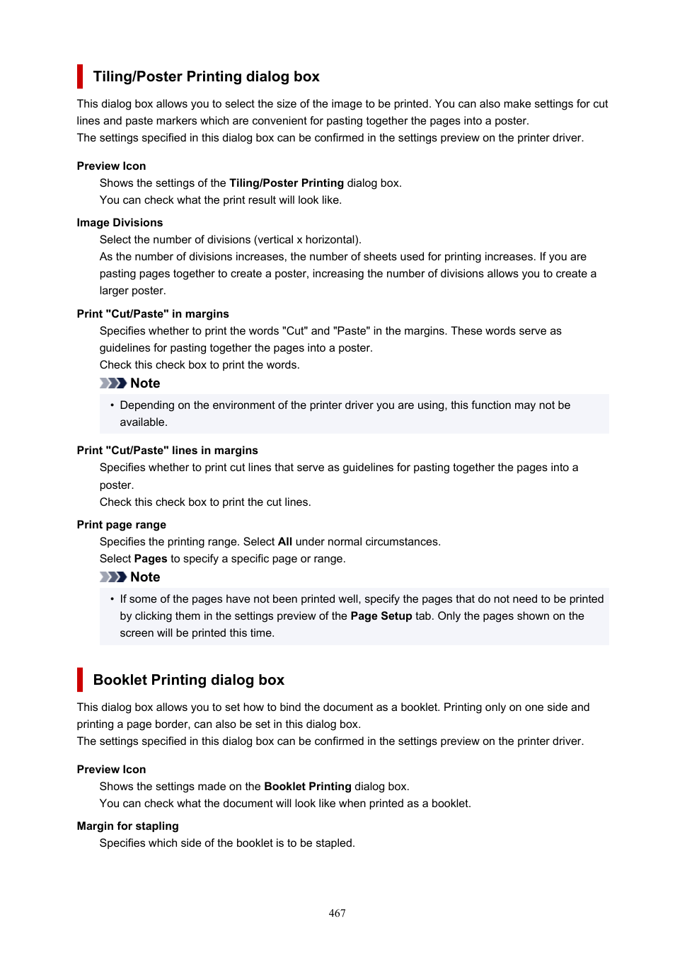 Opens the, Tiling/poster printing, Dialog box | Booklet printing, Tiling/poster printing dialog box, Booklet printing dialog box | Canon imagePROGRAF PRO-300 13" Photographic Inkjet Printer User Manual | Page 467 / 650