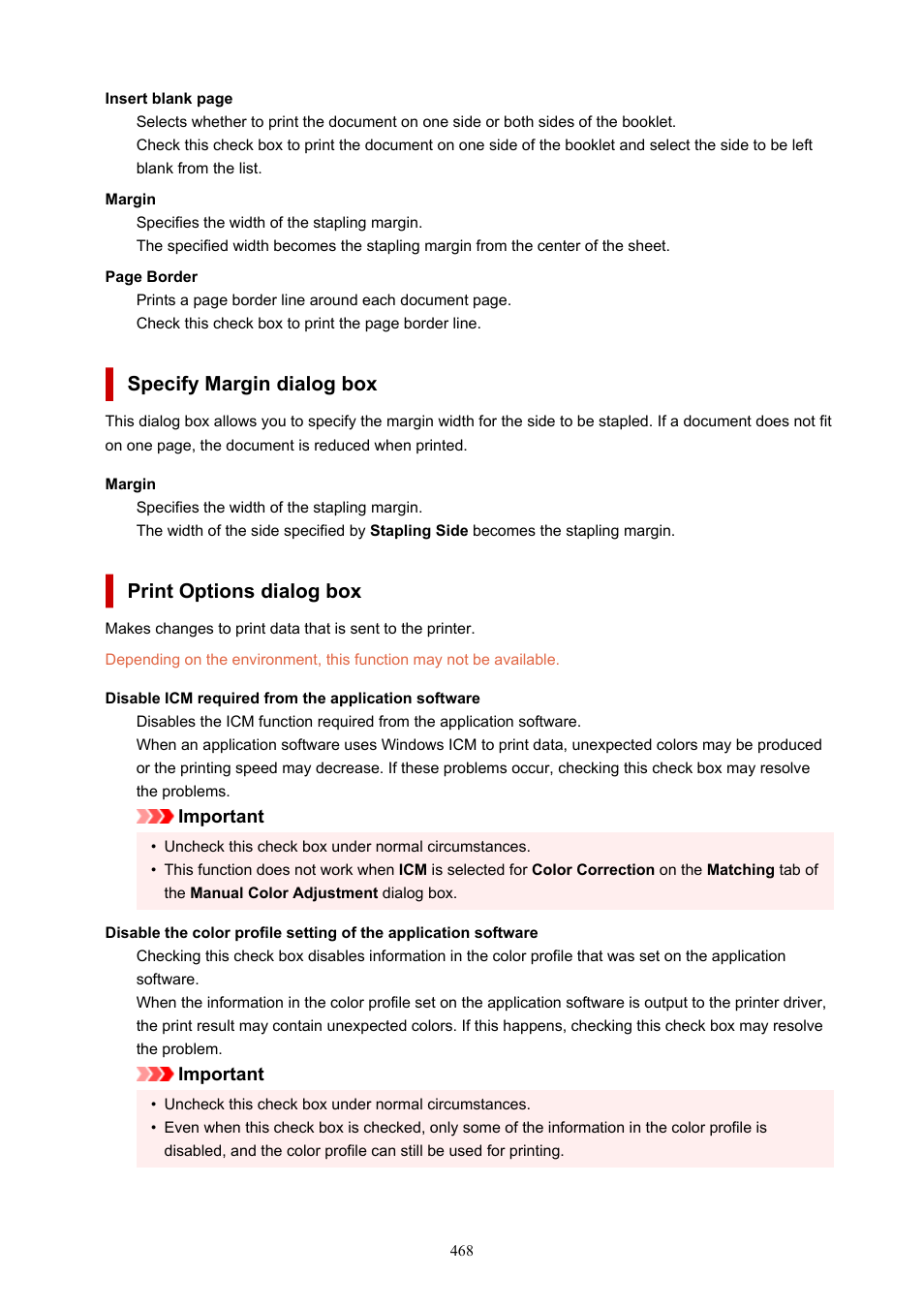 Print options dialog box, Windows), Opens the | Specify margin, Dialog box, Print options, Specify margin dialog box | Canon imagePROGRAF PRO-300 13" Photographic Inkjet Printer User Manual | Page 468 / 650