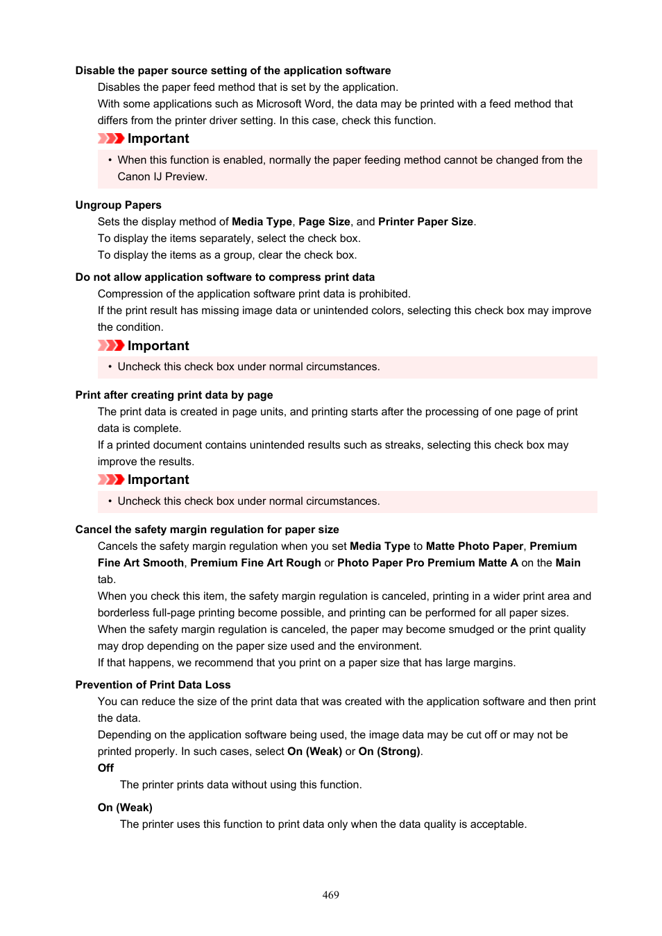 Dialog box, and change the, Cancel the safety margin regulation for paper size, Setting | Cancel the safety margin regulation for, Paper size | Canon imagePROGRAF PRO-300 13" Photographic Inkjet Printer User Manual | Page 469 / 650