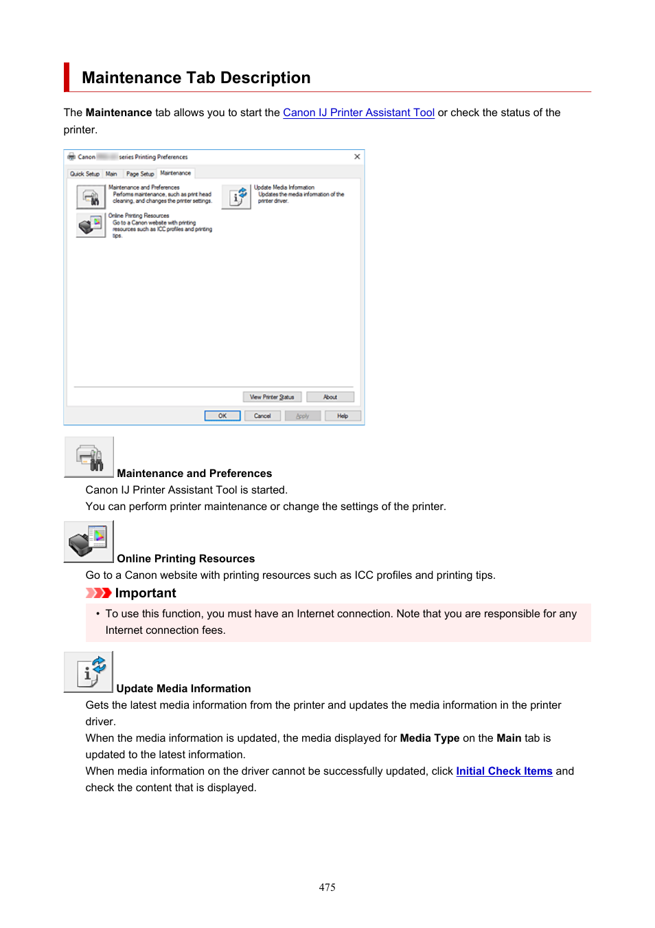 Maintenance tab description | Canon imagePROGRAF PRO-300 13" Photographic Inkjet Printer User Manual | Page 475 / 650