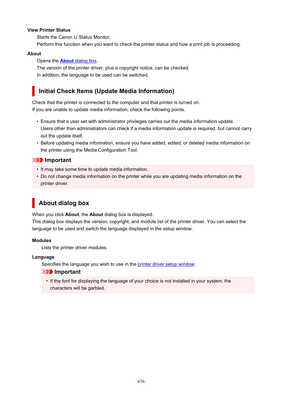 Initial check items (update media information), About dialog box | Canon imagePROGRAF PRO-300 13" Photographic Inkjet Printer User Manual | Page 476 / 650