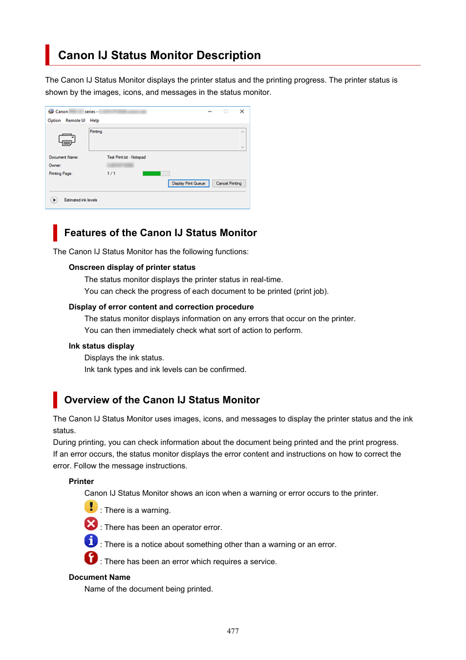 Canon ij status monitor description | Canon imagePROGRAF PRO-300 13" Photographic Inkjet Printer User Manual | Page 477 / 650