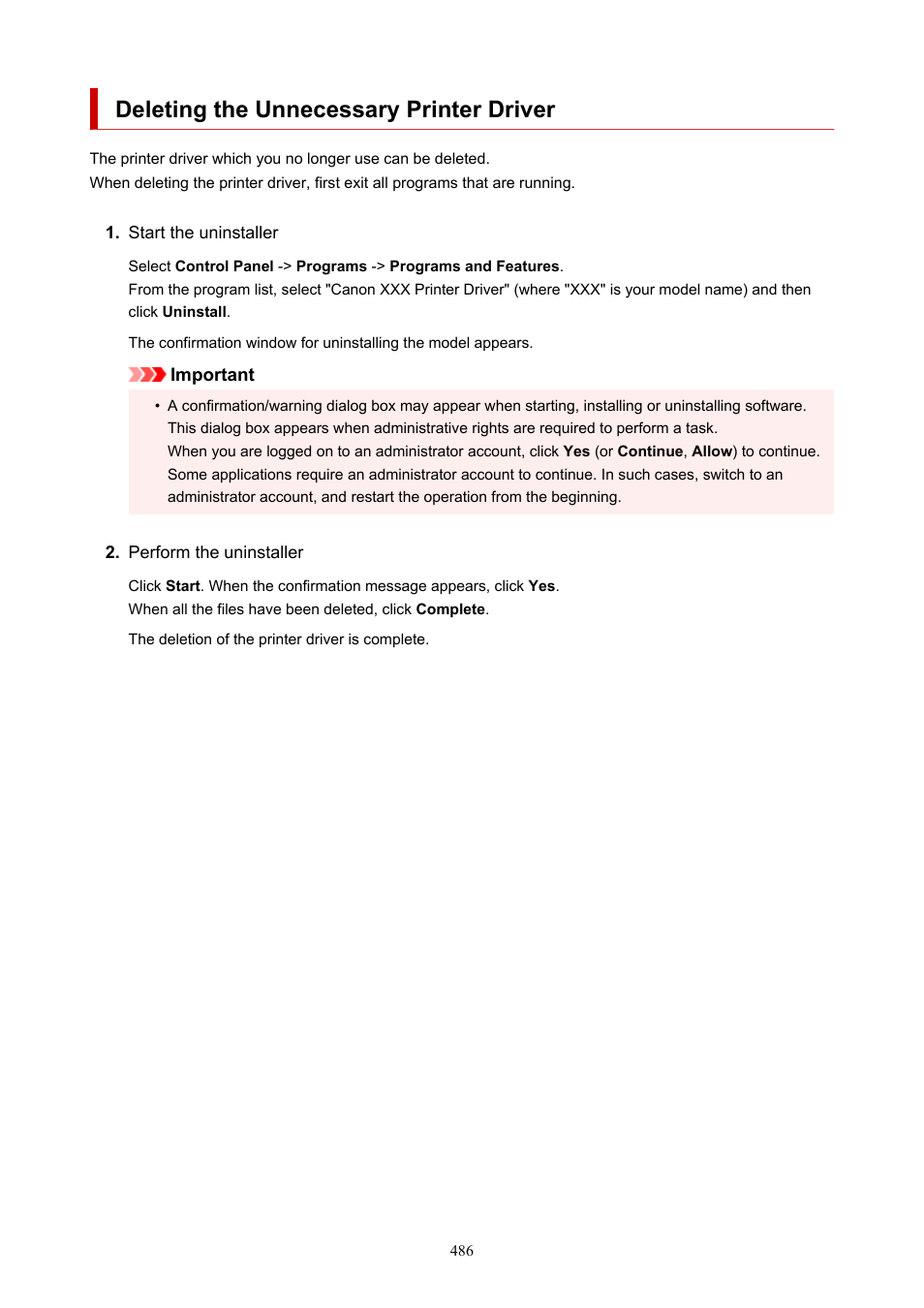 Deleting the unnecessary printer driver, Before installing the latest printer driver, Delete the previously installed version | Canon imagePROGRAF PRO-300 13" Photographic Inkjet Printer User Manual | Page 486 / 650