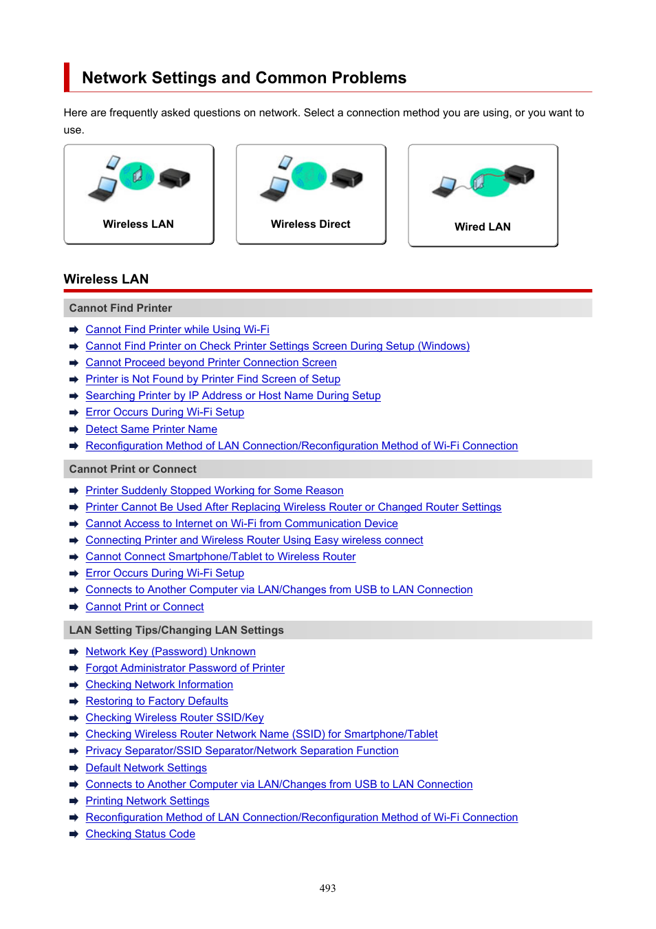 Network settings and common problems, For other questions about network, Click here | Canon imagePROGRAF PRO-300 13" Photographic Inkjet Printer User Manual | Page 493 / 650