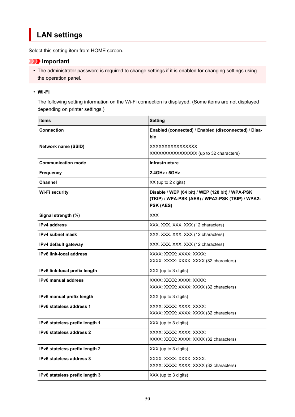 Lan settings, Important | Canon imagePROGRAF PRO-300 13" Photographic Inkjet Printer User Manual | Page 50 / 650