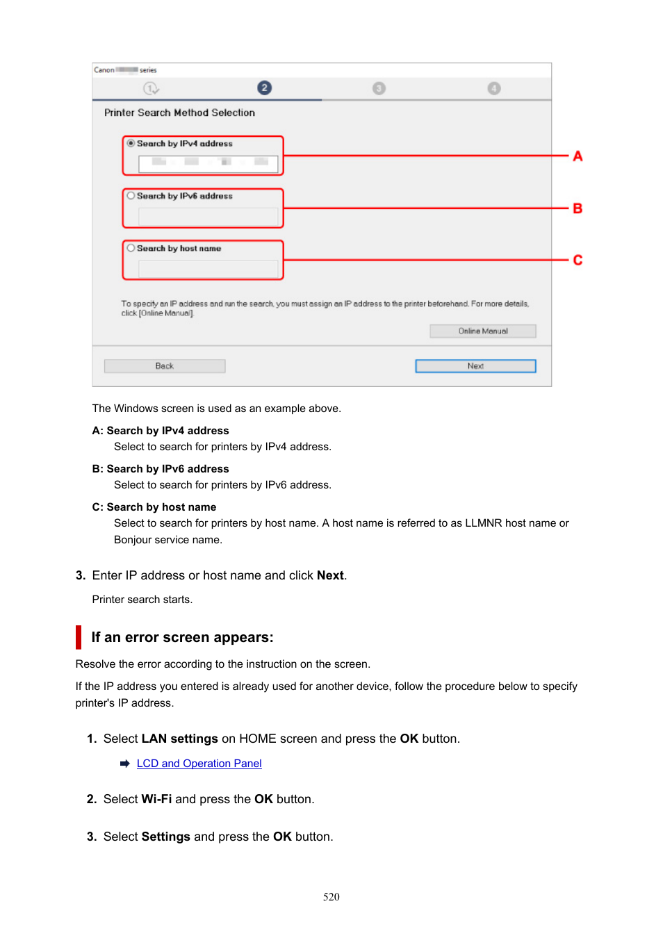 If an error screen appears, And specify the | Canon imagePROGRAF PRO-300 13" Photographic Inkjet Printer User Manual | Page 520 / 650