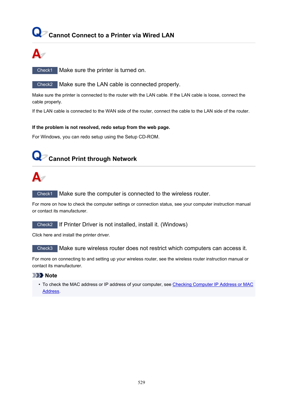 Cannot connect to a printer via wired lan, Cannot print through network | Canon imagePROGRAF PRO-300 13" Photographic Inkjet Printer User Manual | Page 529 / 650