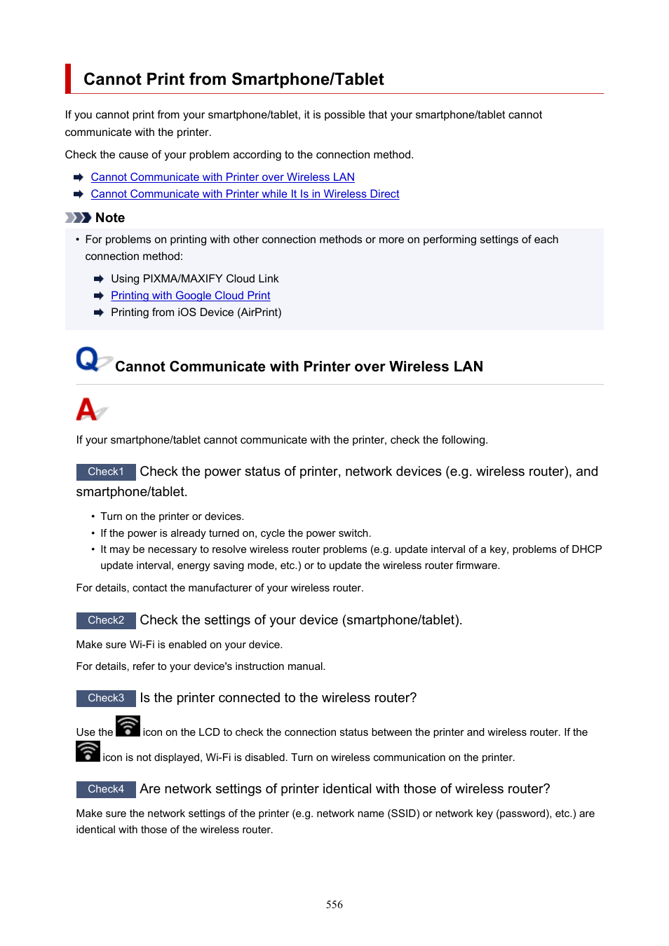 Cannot print from smartphone/tablet, Cannot communicate with printer over wireless lan | Canon imagePROGRAF PRO-300 13" Photographic Inkjet Printer User Manual | Page 556 / 650