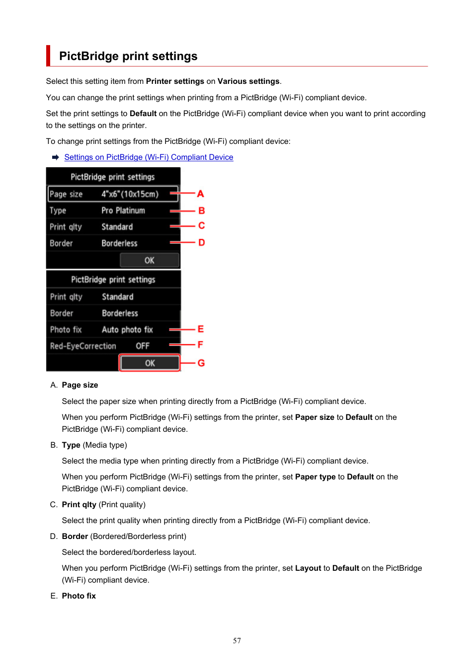 Pictbridge print settings | Canon imagePROGRAF PRO-300 13" Photographic Inkjet Printer User Manual | Page 57 / 650