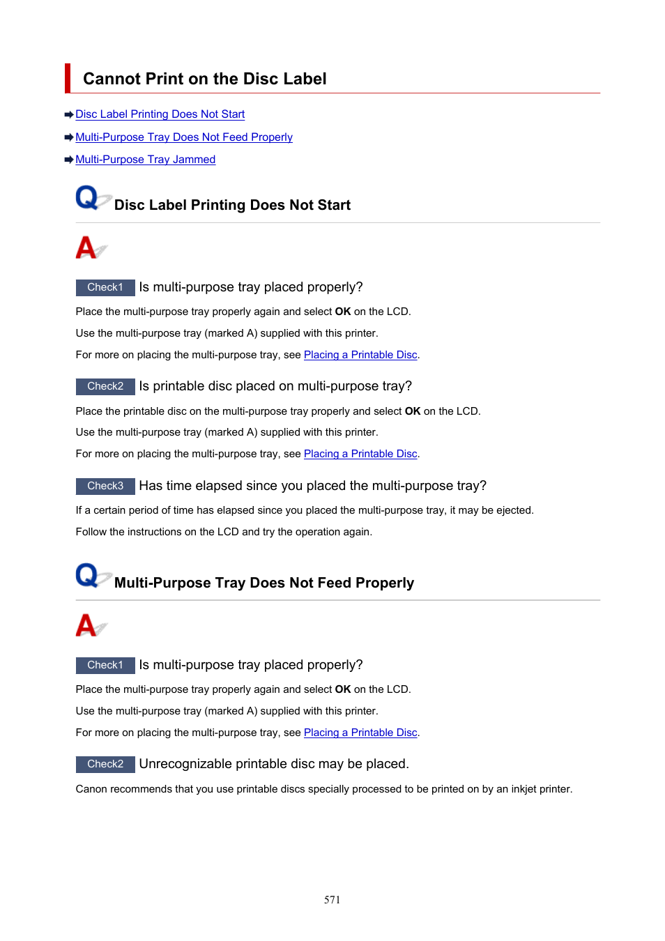Cannot print on the disc label, Disc label printing does not start, Multi-purpose tray does not feed properly | Canon imagePROGRAF PRO-300 13" Photographic Inkjet Printer User Manual | Page 571 / 650
